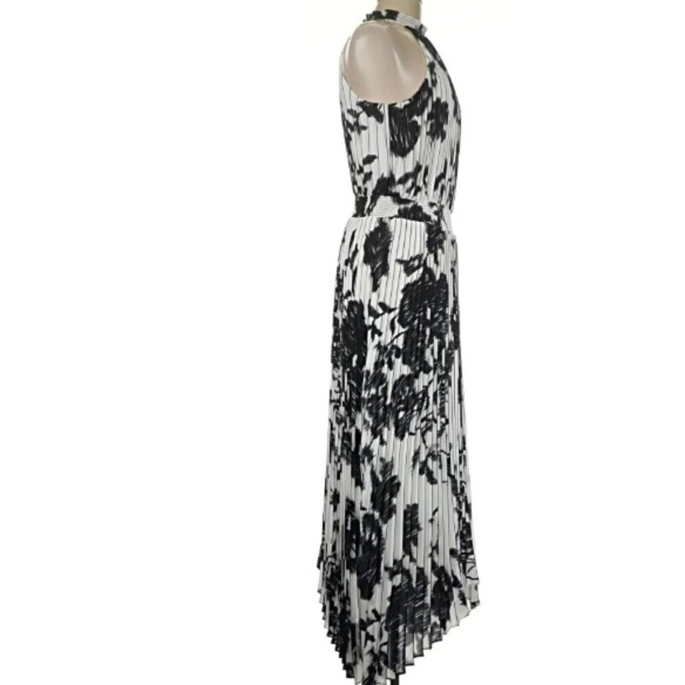 *NWT* WHBM Pansy Sketch Black & Ecru Sleeveless Halter Pleated Midi Dress Sz 4P - Picture 8 of 12